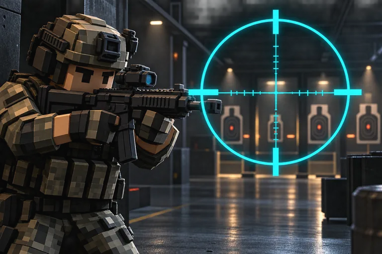 Illustrated range with a cyan crosshair
