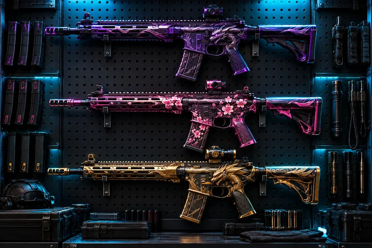 Illustrated rifles on a dark armory wall