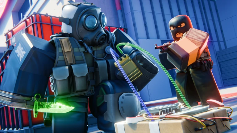Official BloxStrike promotional thumbnail: a bomb-disposal character in front of an armed character.