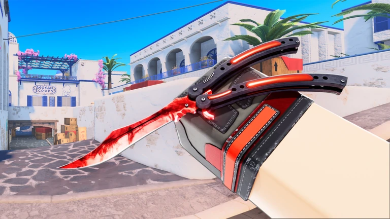 Official BloxStrike thumbnail: first-person butterfly knife with red and black gloves on a white-and-blue town map.